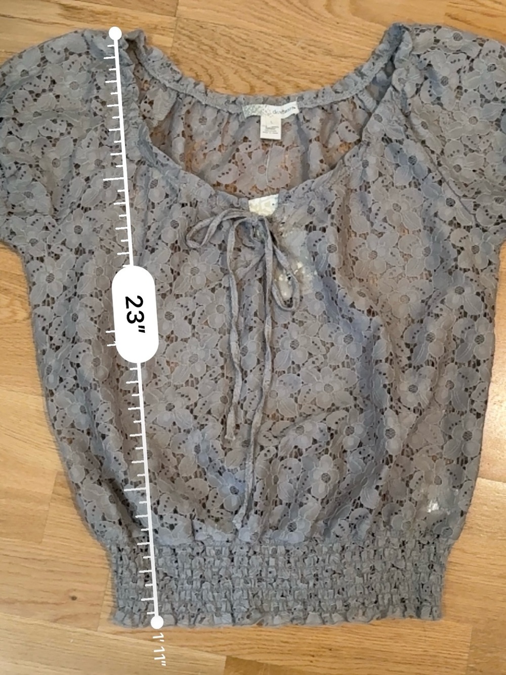 Derek Heart Lace Tie-Front Short Sleeve Top - Taupe - Picture 7 of 8